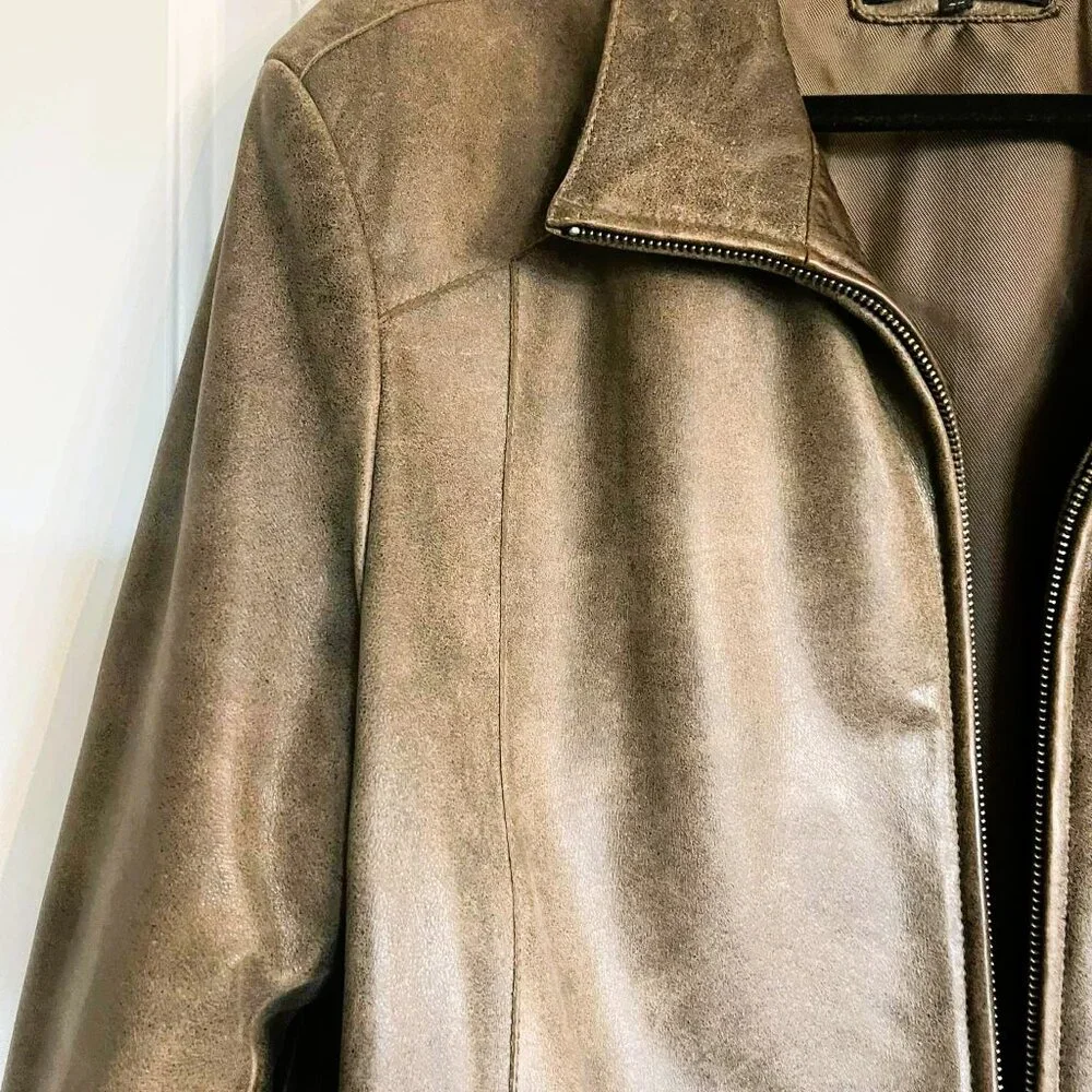 Bison Italian Leather Jacket Khaki Brown Size 52 XL Made in Italy Vintage - Picture 8 of 9